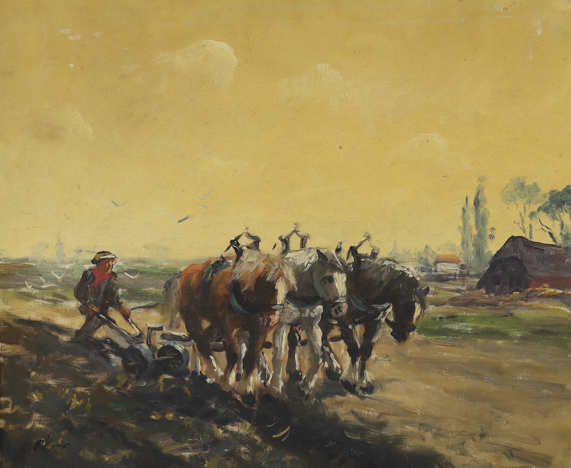 Martin Obrecht, oil on canvas, Work horses ploughing, signed, 51 x 60cm